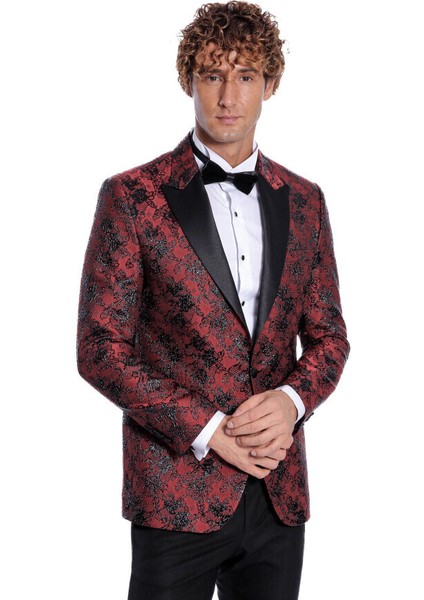 Floral Desenli Slim Fit Bordo Erkek Smokin Ceket modelleri