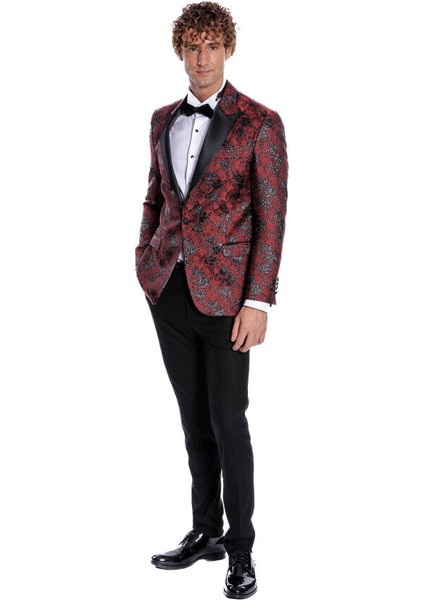 Floral Desenli Slim Fit Bordo Erkek Smokin Ceket fırsatları