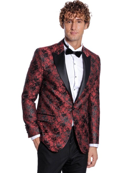 Floral Desenli Slim Fit Bordo Erkek Smokin Ceket indirimleri