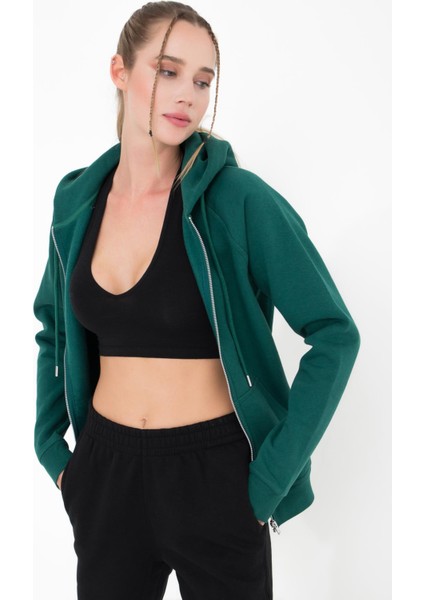 Ela Kapüşonlu 3 Iplik Fermuar Detaylı Loose Fit Örme Sweatshirt