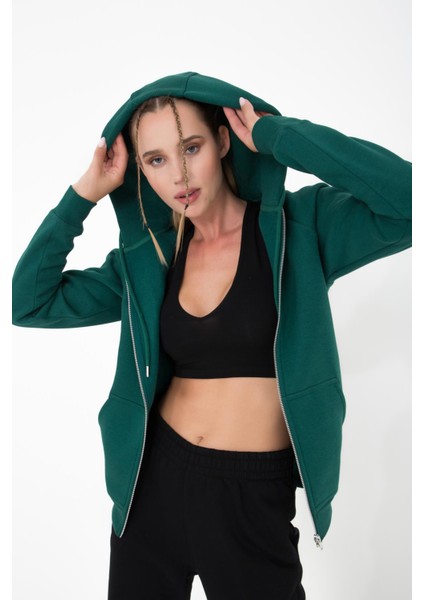Ela Kapüşonlu 3 Iplik Fermuar Detaylı Loose Fit Örme Sweatshirt fiyatları
