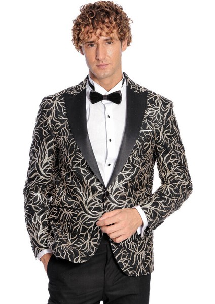 Işıltılı Sarmaşık Desenli Slim Fit Siyah Erkek Smokin Ceket