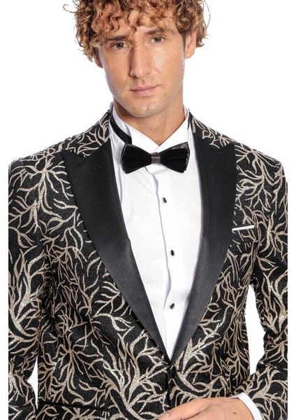 Işıltılı Sarmaşık Desenli Slim Fit Siyah Erkek Smokin Ceket fiyatları