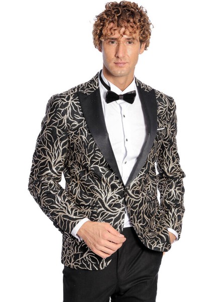 Işıltılı Sarmaşık Desenli Slim Fit Siyah Erkek Smokin Ceket modelleri