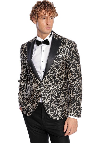 Işıltılı Sarmaşık Desenli Slim Fit Siyah Erkek Smokin Ceket fırsatları