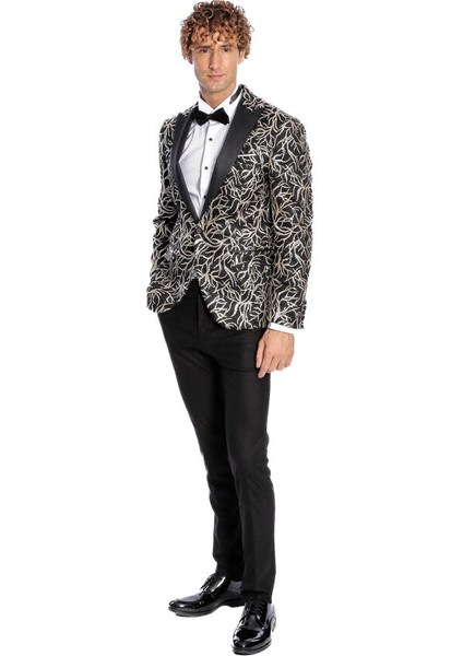 Işıltılı Sarmaşık Desenli Slim Fit Siyah Erkek Smokin Ceket indirimleri