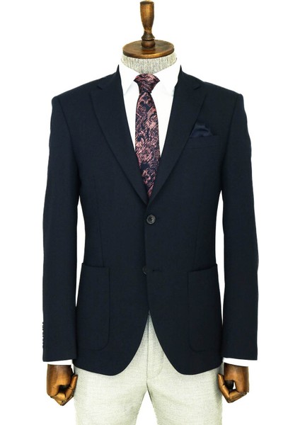 Kendinden Desenli Slim Fit Sivri Yaka Lacivert Erkek Ceket