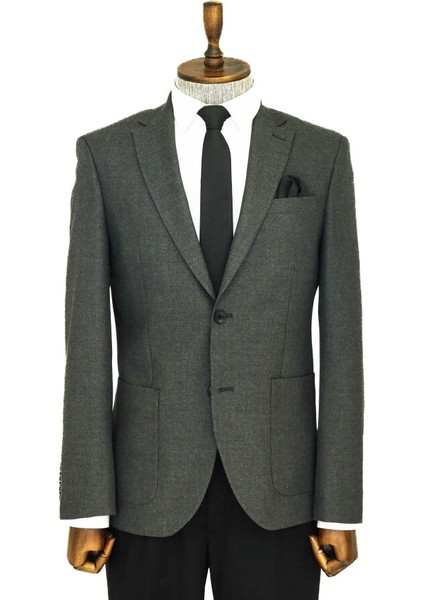 Kendinden Desenli Slim Fit Sivri Yaka Gri Erkek Ceket