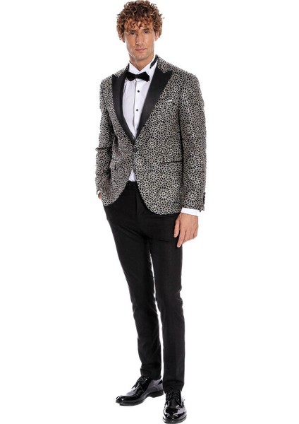 Çiçek Işlemeli Desenli Siyah Erkek Smokin Ceket modelleri