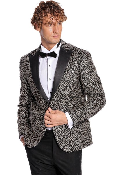 Çiçek Işlemeli Desenli Siyah Erkek Smokin Ceket fırsatları