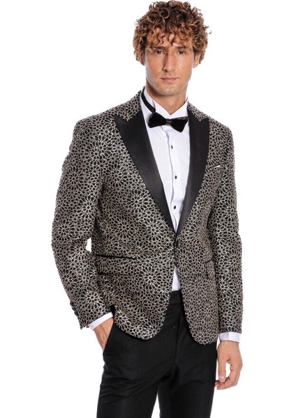 Çiçek Işlemeli Desenli Siyah Erkek Smokin Ceket indirimleri