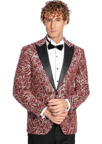 Işıltılı Sarmaşık Desenli Slim Fit Bordo Erkek Smokin Ceket