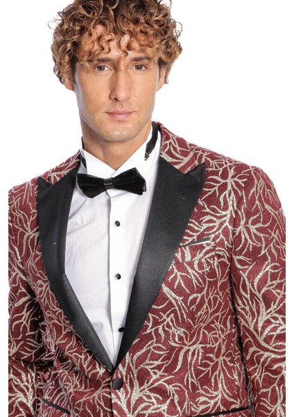 Işıltılı Sarmaşık Desenli Slim Fit Bordo Erkek Smokin Ceket fiyatları