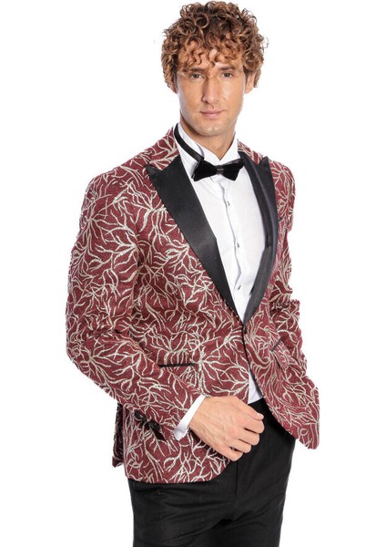 Işıltılı Sarmaşık Desenli Slim Fit Bordo Erkek Smokin Ceket modelleri
