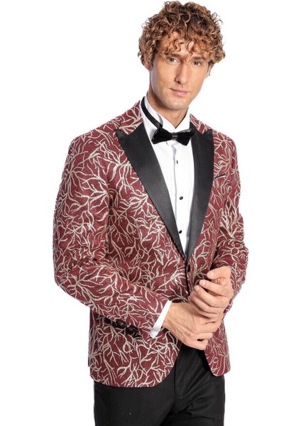 Işıltılı Sarmaşık Desenli Slim Fit Bordo Erkek Smokin Ceket indirimleri
