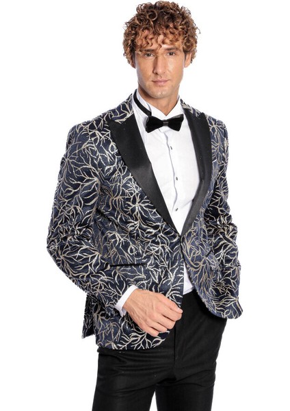 Işıltılı Sarmaşık Desenli Slim Fit Lacivert Erkek Smokin Ceket