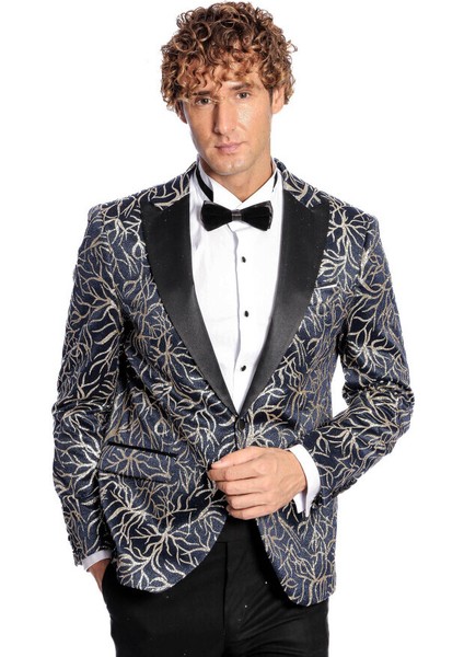 Işıltılı Sarmaşık Desenli Slim Fit Lacivert Erkek Smokin Ceket modelleri