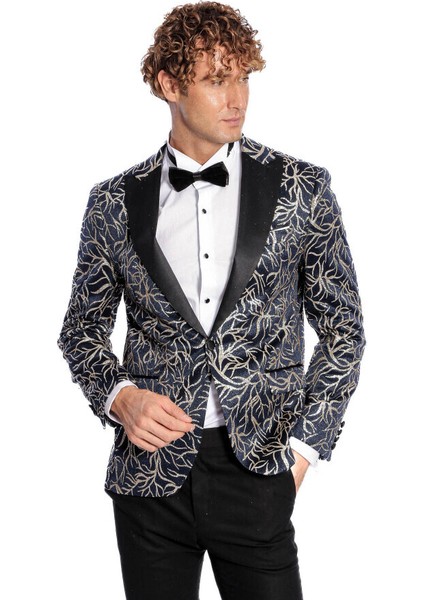 Işıltılı Sarmaşık Desenli Slim Fit Lacivert Erkek Smokin Ceket fırsatları