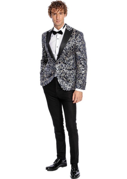 Işıltılı Sarmaşık Desenli Slim Fit Lacivert Erkek Smokin Ceket indirimleri