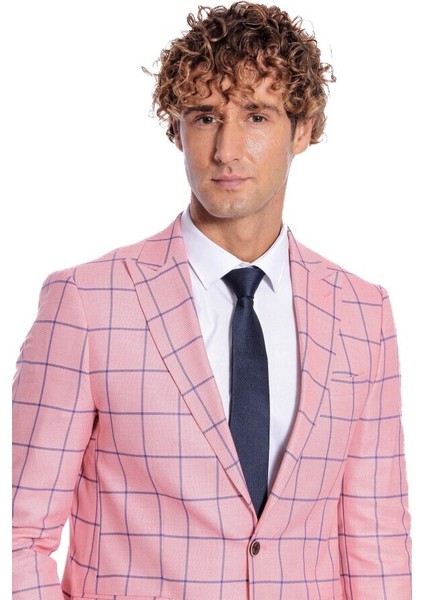 Mavi Kare Desenli Slim Fit Pembe Erkek Ceket fiyatları