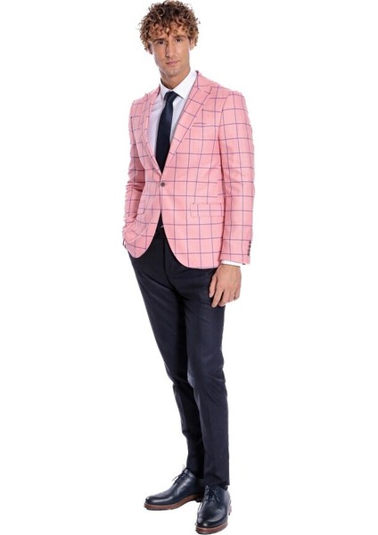 Mavi Kare Desenli Slim Fit Pembe Erkek Ceket modelleri