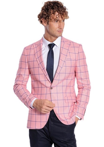 Mavi Kare Desenli Slim Fit Pembe Erkek Ceket fırsatları