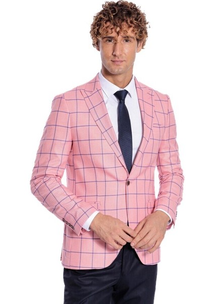 Mavi Kare Desenli Slim Fit Pembe Erkek Ceket indirimleri