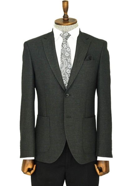 Kendinden Desenli Slim Fit Sivri Yaka Antrasit Erkek Ceket