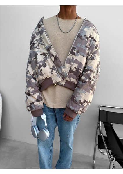Oversize Kamuflaj Bomber Ceket Kahverengi