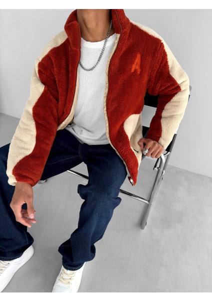 Oversize Fermuarlı Cepli Peluş Mont Kiremit