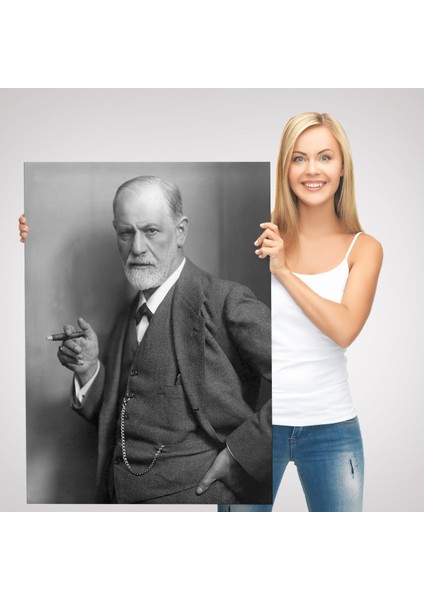 Sigmund Freud Elinde Puro ile Siyah Beyaz Fotoğrafı Kanvas TABLO-5238