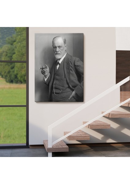 Sigmund Freud Elinde Puro ile Siyah Beyaz Fotoğrafı Kanvas TABLO-5238