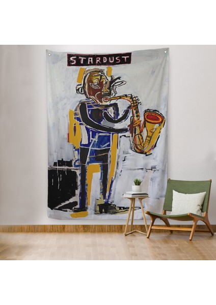 Ean Michel Basquiat Stardust Saksafon Duvar Örtüsü - Halısı, Sokak Sanatı, Pop Art -4963