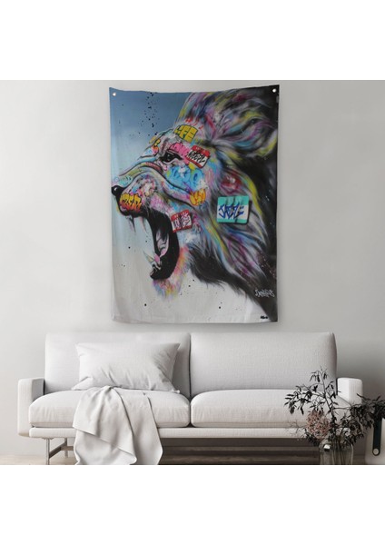 Renkli Kükreyen Aslan Duvar Örtüsü - Halısı, Pop Art, Sokak Sanatı-5316