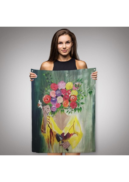Çiçek Başlı Kadın Portresi Yağlıboya Görünüm Dekoratif Duvar Örtüsü-Halısı-6394 fiyatları