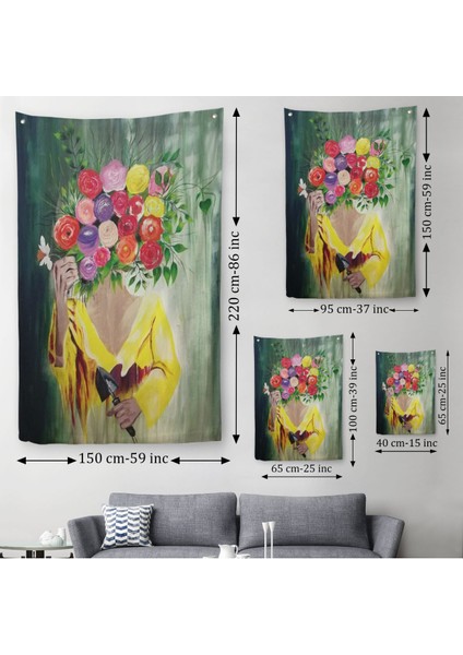 Çiçek Başlı Kadın Portresi Yağlıboya Görünüm Dekoratif Duvar Örtüsü-Halısı-6394 modelleri