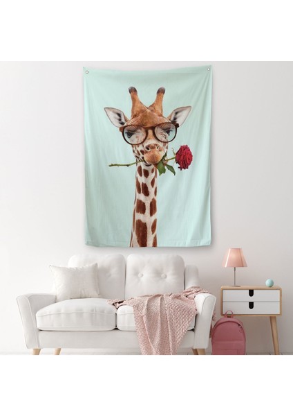 Ağzında Gül Olan Gözlüklü Zürafa Duvar Örtüsü - Halısı-6080