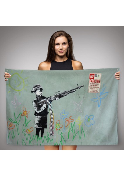 Bansky'Nin Makineli Tüfekli Çocuk Isimli Eseri Kanvas Duvar Örtüsü-Halısı, No Parkıng-5008