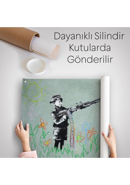 Bansky'Nin Makineli Tüfekli Çocuk Isimli Eseri Kanvas Duvar Örtüsü-Halısı, No Parkıng-5008