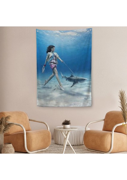 Su Altında Köpek Balığı Gezdiren Kadın Duvar Örtüsü-Halısı-6482