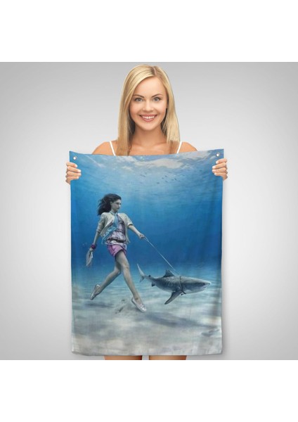 Su Altında Köpek Balığı Gezdiren Kadın Duvar Örtüsü-Halısı-6482 fiyatları