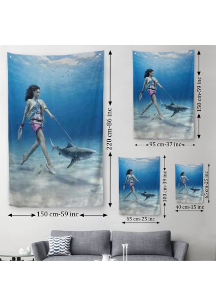 Su Altında Köpek Balığı Gezdiren Kadın Duvar Örtüsü-Halısı-6482 modelleri