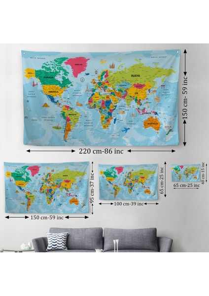 Dünya Haritası Eğitici Ülke Bayraklı Türkçe Harita Çocuk Odası Genç Odası Duvar Örtüsü-Halısı 3865 modelleri