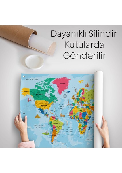 Dünya Haritası Eğitici Ülke Bayraklı Türkçe Harita Çocuk Odası Genç Odası Duvar Örtüsü-Halısı 3865 indirimleri