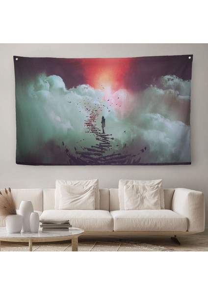 Gökyüzüne Giden Kırık Merdivenlerde Duran Genç Kadın Kanvas Duvar Örtüsü-Halısı-5029