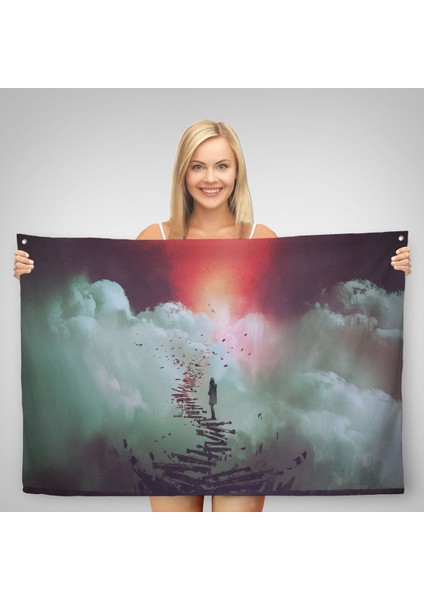 Gökyüzüne Giden Kırık Merdivenlerde Duran Genç Kadın Kanvas Duvar Örtüsü-Halısı-5029 fiyatları