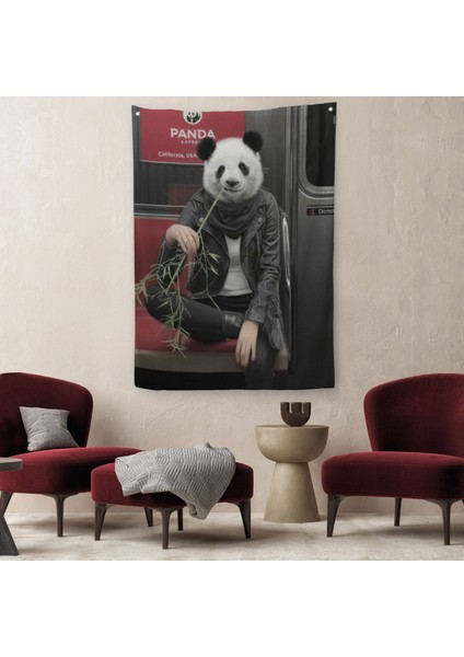Gerçek Metroda Panda Başlı Insan Duvar Örtüsü - Halısı-5228