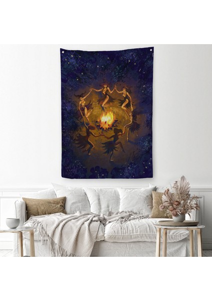 Ayini Yapan Cadıların Ateş Etrafındaki Dans Duvar Örtüsü-Halısı-6354