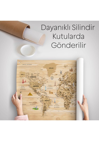 Ahşap Görünümlü Türkçe Eğitici Detaylı Atlası Dekoratif Dünya Haritası Duvar Örtüsü-Halısı 3843 indirimleri