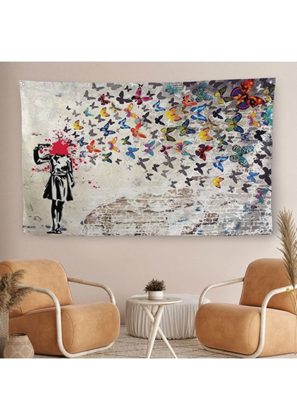 Banksy Kelebek Kanvas Duvar Örtüsü-Halısı, Kelebek Kız Intihar Duvar Örtüsü-Halısı-5389